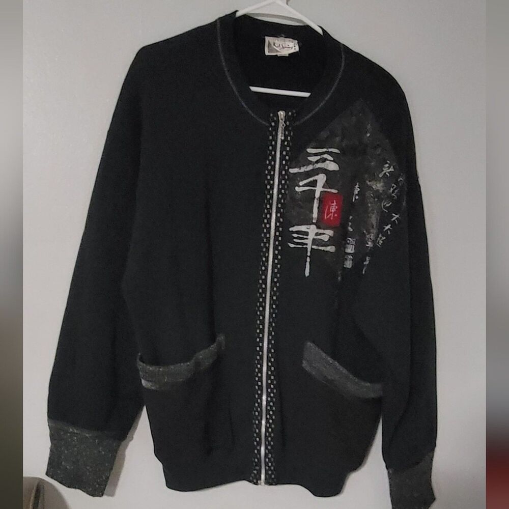 Black Zip-Up K.D. SPRINGS with Graphic Design OSFA FITS LIKE XL SWEATER Japanese
